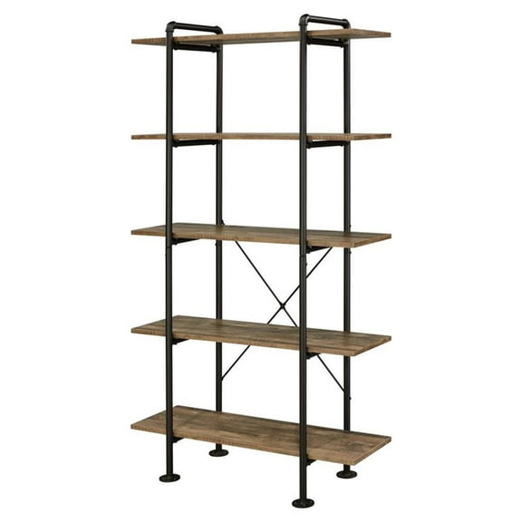 Bowery Hill 5 Wooden Tiers Shelf Bookcase in Rustic Oak and Black