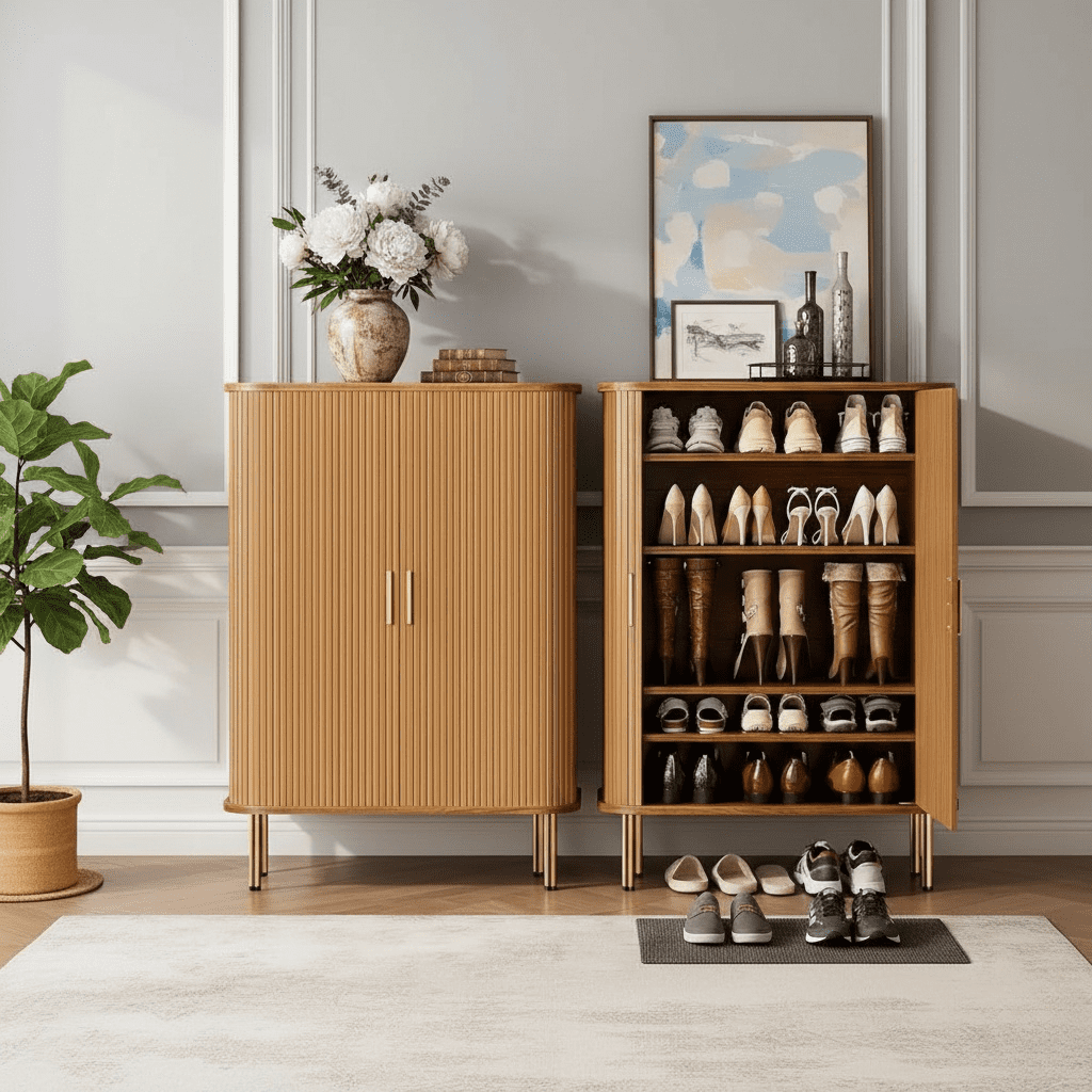 Howcool Shoe Storage Cabinet with Sliding Doors, 6-Tier Mid-Century Modern Shoe Rack Organizer with Adjustable Shelves, 31.5" Freestanding Unit for Entryway & Hallway, Black