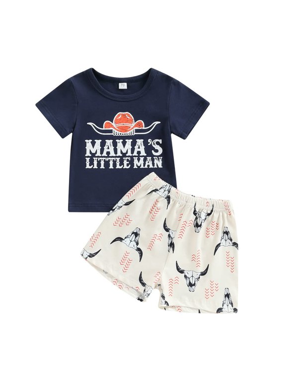 Newborn Baby Boy Clothes Cowhead Pattern and Letter Printed Round Neck T-shirt + Shorts Set 2PCs Infant Summer Outfits