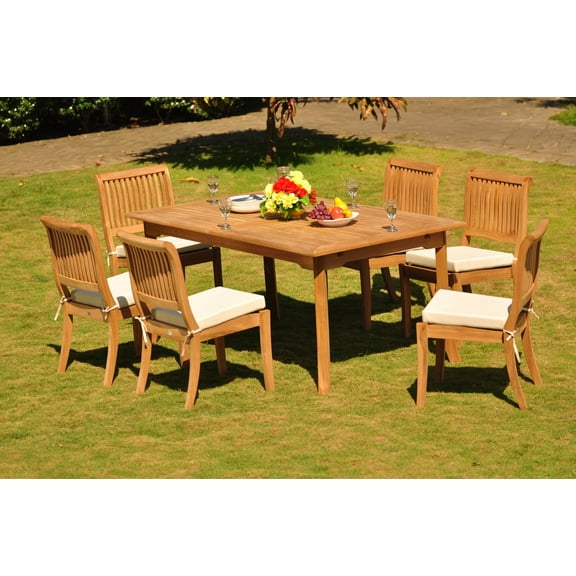 Teak Dining Set: 6 Seater 7 Pc: 94" Rectangle Table & 6 Stacking Arbor Armless Chairs Outdoor Patio Grade-A Teak Wood WholesaleTeak #WMDSAB12
