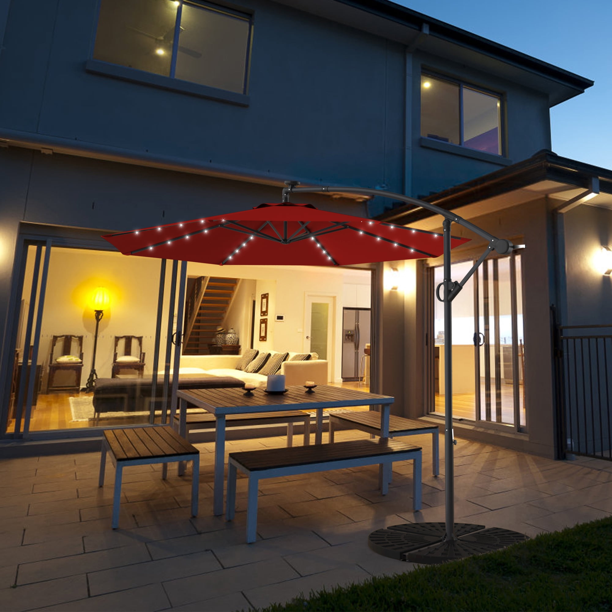 Gymax 10Ft Offset Hanging Umbrella Patio Outdoor w/ 32 Solar LED Lights Burgundy