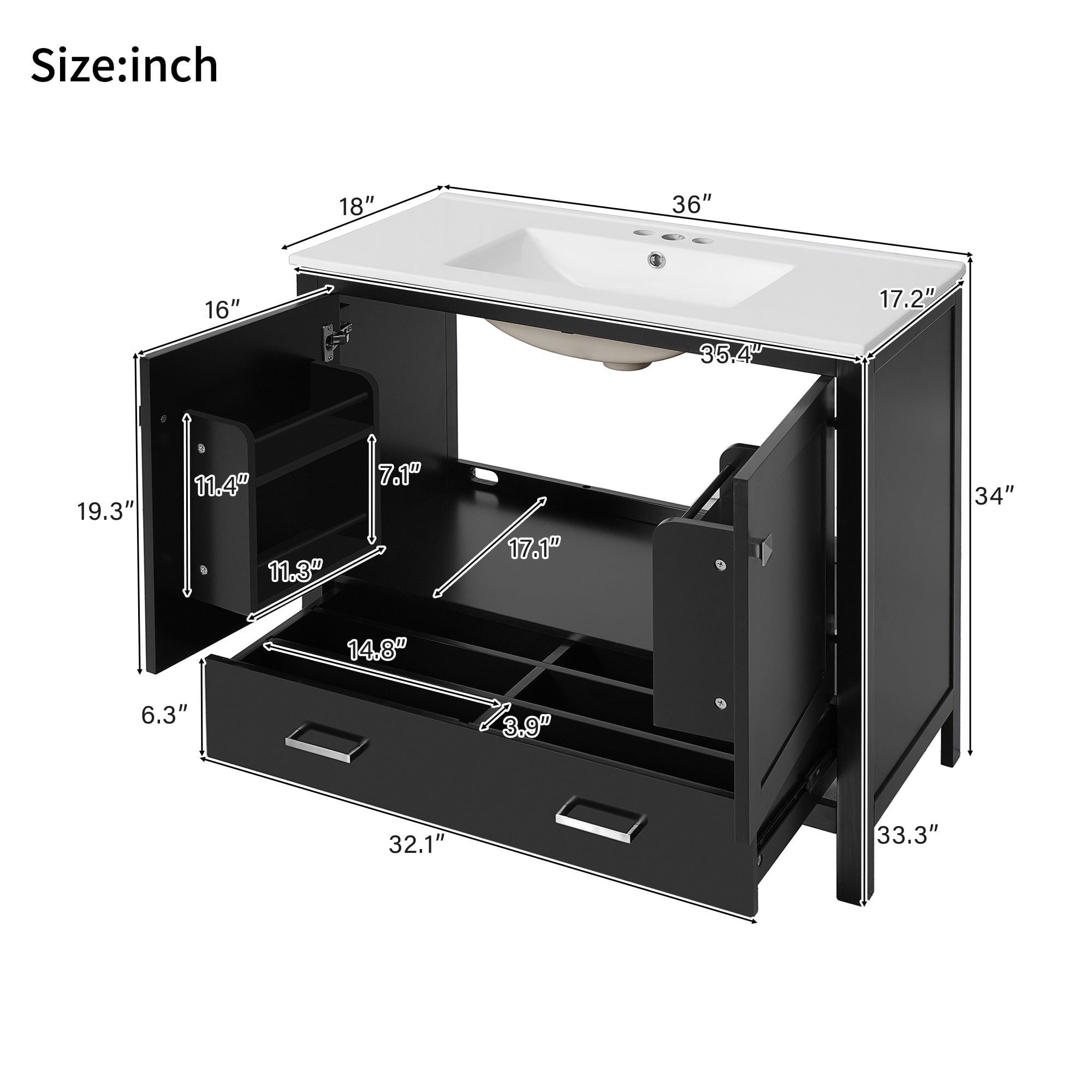 Harper & Bright Designs 72" Black Bathroom Vanity Sink Combo with Soft-Close Doors, Bathroom Floor Cabinet with Storage