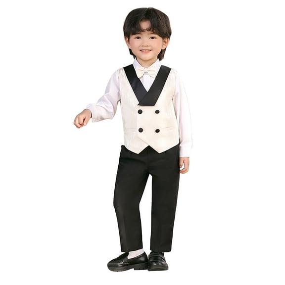 OSOLU Children Boys Outfits 4 Piece Tuxedo with Vest and Pants Bowtie Strap Vest Suits Formal Suit Slim Fit Beach Holiday Clothing Sets