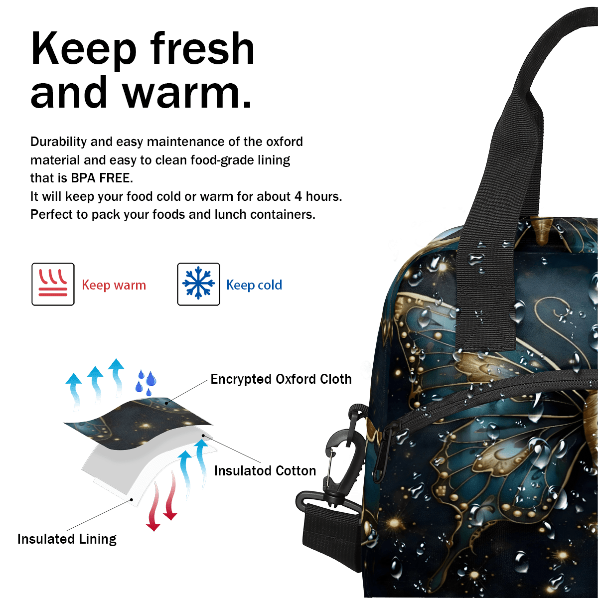 Herdesigns Boho Butterfly Insulated Lunch Bag for Women Men Adults Large Reusable Lunch Box Leakproof Portable Cooler Tote Bags with Adjustable Shoulder Strap