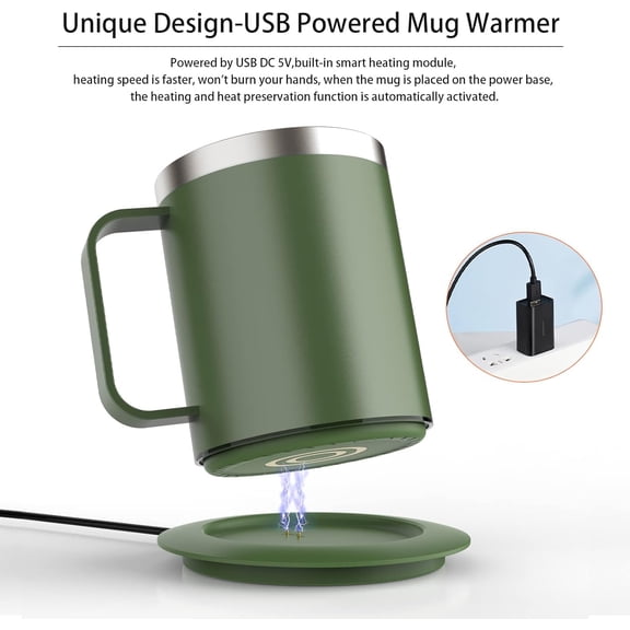 JUNCHI-Self Heating Coffee Mug, USB Heating Mug with Sliding Lid, 131°F Coffee Warmer for Desk Home & Office (Green-12oz)