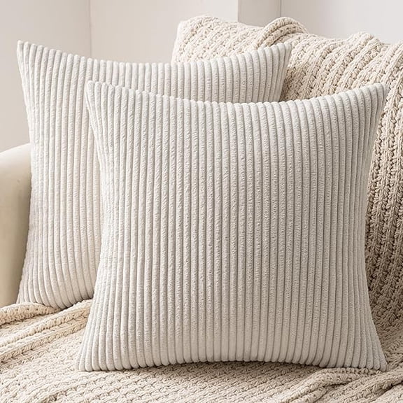 Eryueer Set of 2 Striped Corduroy Square Throw Pillow Case Soft Cushion Cover Sham Home for Sofa Chair Couch/Bedroom Decorative Fluffy Pillowcases 24x24 Inch 60x60cm Cream White
