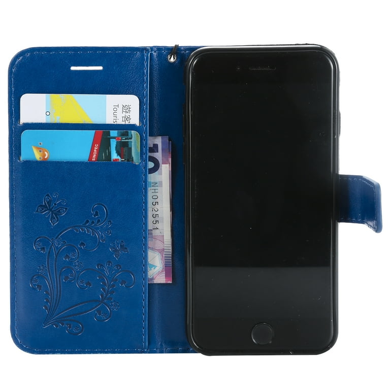 Case For IPhone 7, IPhone 8, IPhone SE 2020 & SE 2022,Premium PU Leather Magnetic Flip Wallet Case With Card Holder Cash Slot Lanyard Strap Kickstand Embossed Mandala Flower Pattern Cover, Blue