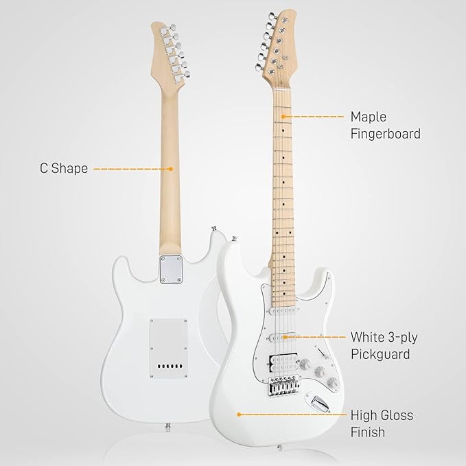 HarmonyStrings 39 Inch Rosewood Fingerboard Electric Guitar,Electric Guitar Beginner Kit Solid Body Full Size Pick Up for Starter, with Bag, Picks, Capo, Strap, Cord,Allen Wrench, Tremolo Arm White