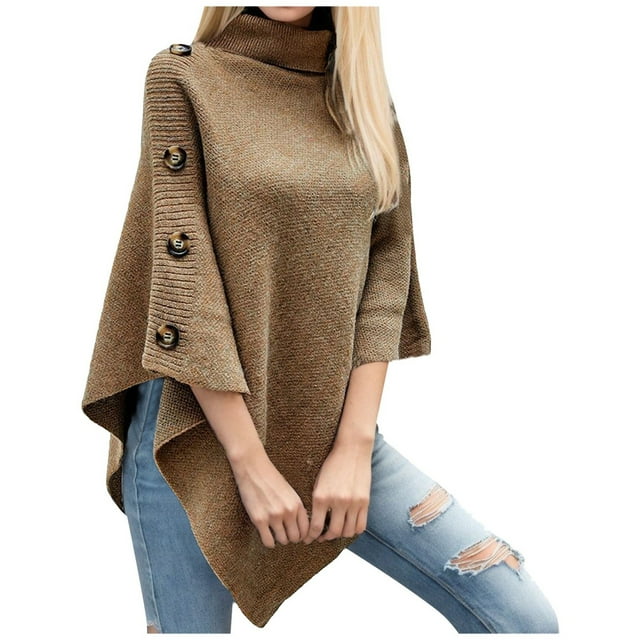 Aocisk Manteau Poncho Cardigan Tricoté à Col Roulé Uni pour Femmes, Khaki, Taille Unique