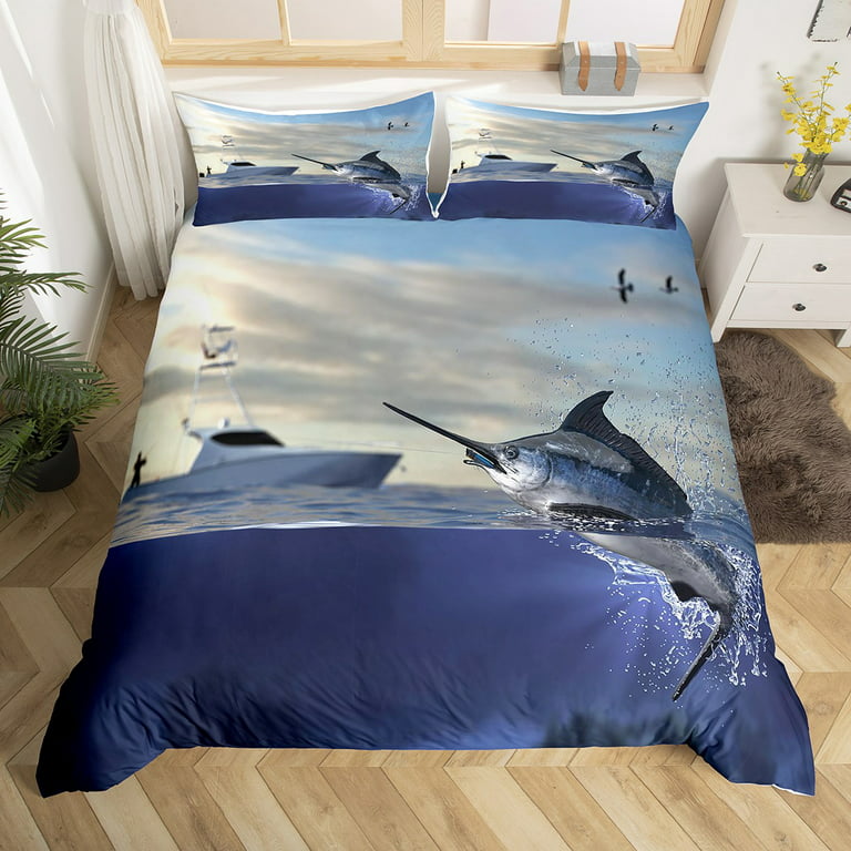 Marlin Swordfish Bedding Sets Queen Ocean Animal Comforter Cover, Sailboat  Bed Sets White Yacht Duvet Cover, Nautical Fishing Quilt Cover Hunting  Theme Bedroom Decor Super Cozy Soft 