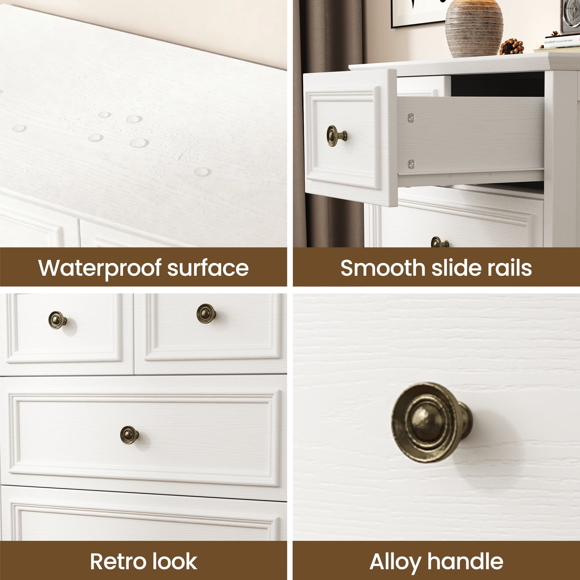 IDEALSOUL 5 Drawer Dresser for Bedroom, White Rustic Style Chest of Drawers, Retro Style 5 Drawer Dresser for Bedroom, Living Room, Bathroom