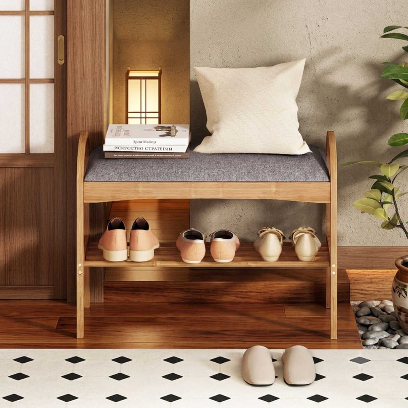 Furnibear 2 Tier Bamboo Shoe Bench with Padded Cushion and Slatted Shelf for Entryway Hallway and Bedroom Shoe Storage, Gray