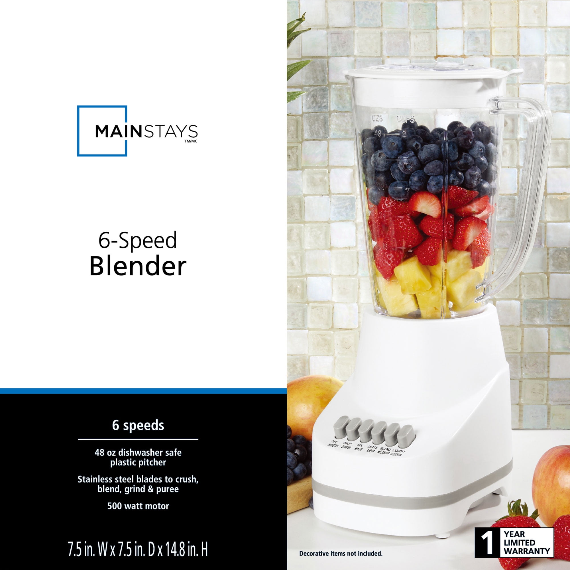 Mainstays 6 Speed Blender with 48 Ounce Jar with Stainless Steel Blade,White
