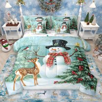 Manfei Christmas Snowman Child 7 Pieces Bedding Comforter Set, Jungle Magic Reindeer Full Bedding Set, Happy New Year Reversible Fitted Sheet Flat Sheet, Breathable Home Decor