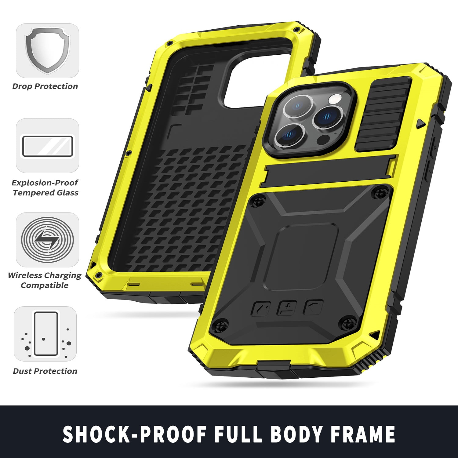 iPhone 14 Pro Max Rugged Full-Body Case, Metal Bumper Built-in Screen Protector&Kickstand,Dustproof and Drop-Proof,Full Body Protection Heavy Duty Rugged Military Cover For iPhone 14 Pro Max, Yellow