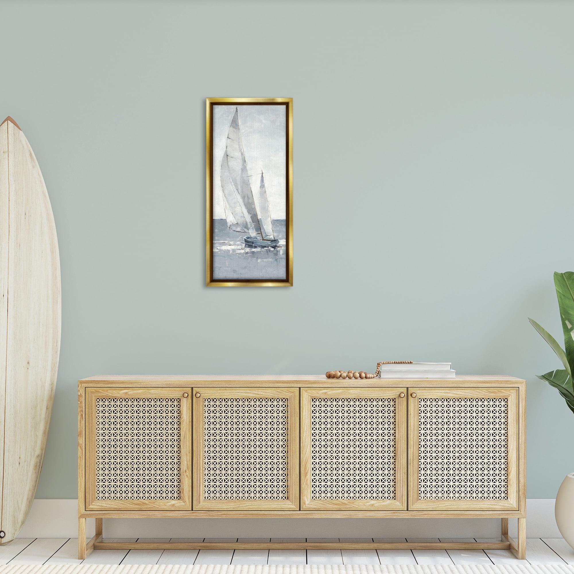 Stupell Industries Grey Sailboat Nautical Abstraction Nature Painting Gold Floater Framed Canvas Art Print Wall Art, 15 x 31