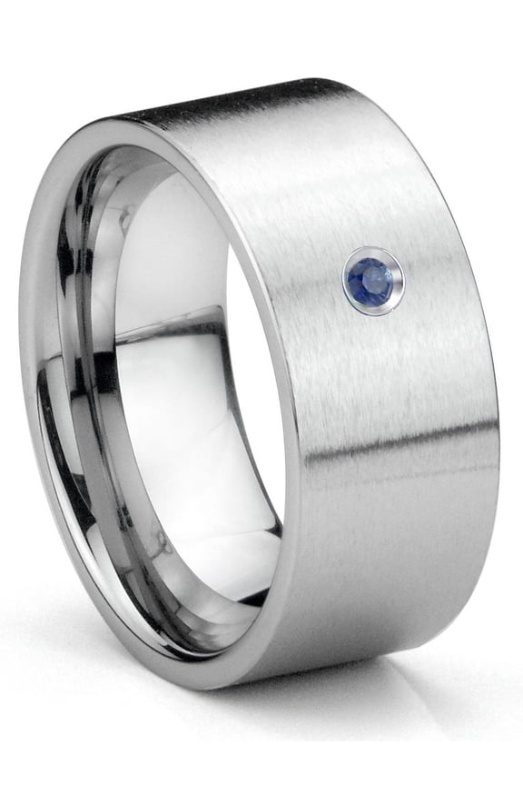 Tungsten Carbide Sapphire 10MM Flat Brush Finish Comfort Fit Mens Wedding Band Ring Sz 10.0