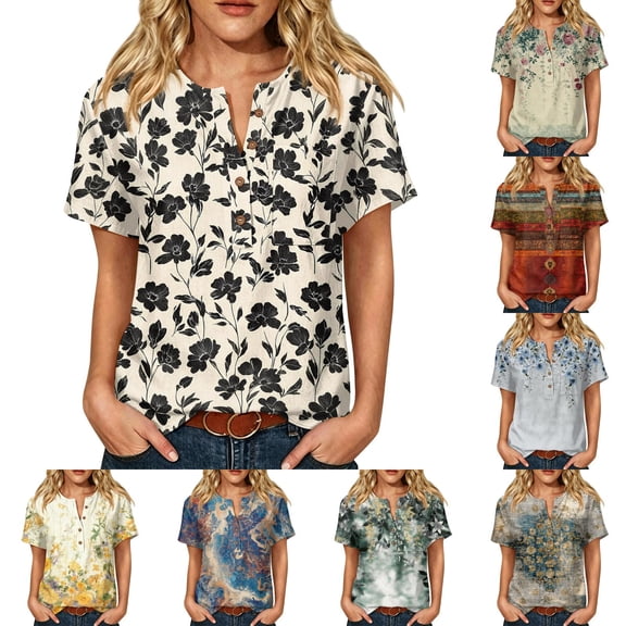 Womens Tops Short Sleeve Casual Retro Floral Print Summer Blouses Tops for Women Trendy Button V-Neck Business Work Tops Black M