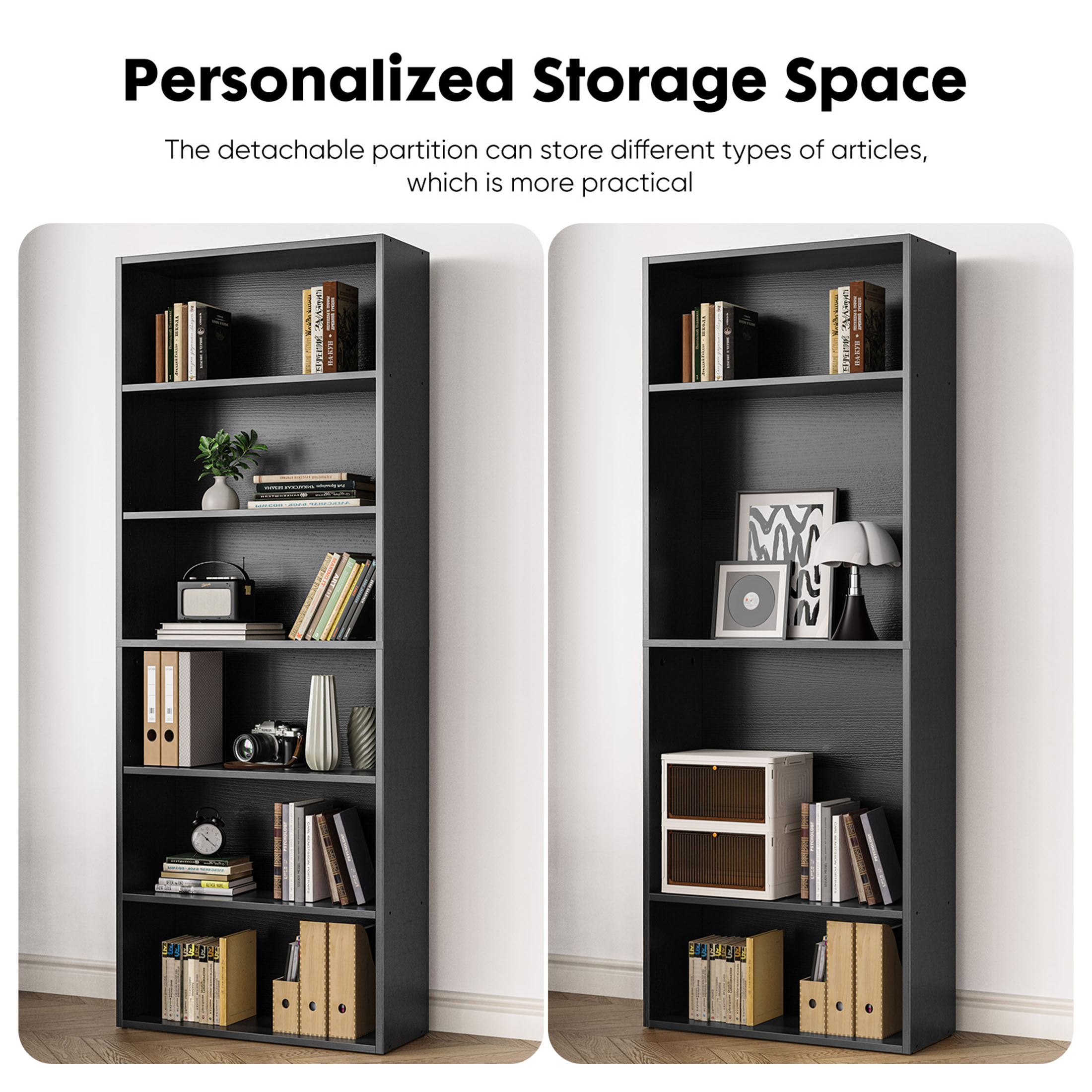 Zunmos 6-Shelf Bookcase, 63 Inches Tall, Black photo 6