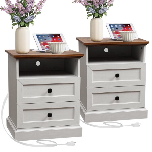 FIAKOA Night Stand Set of 2 with Charging Station, Bedside Table with 2 Drawers Storage and Open Shelf, Nightstand with Outlets, Modern Wood End Table for Bedroom Office, White