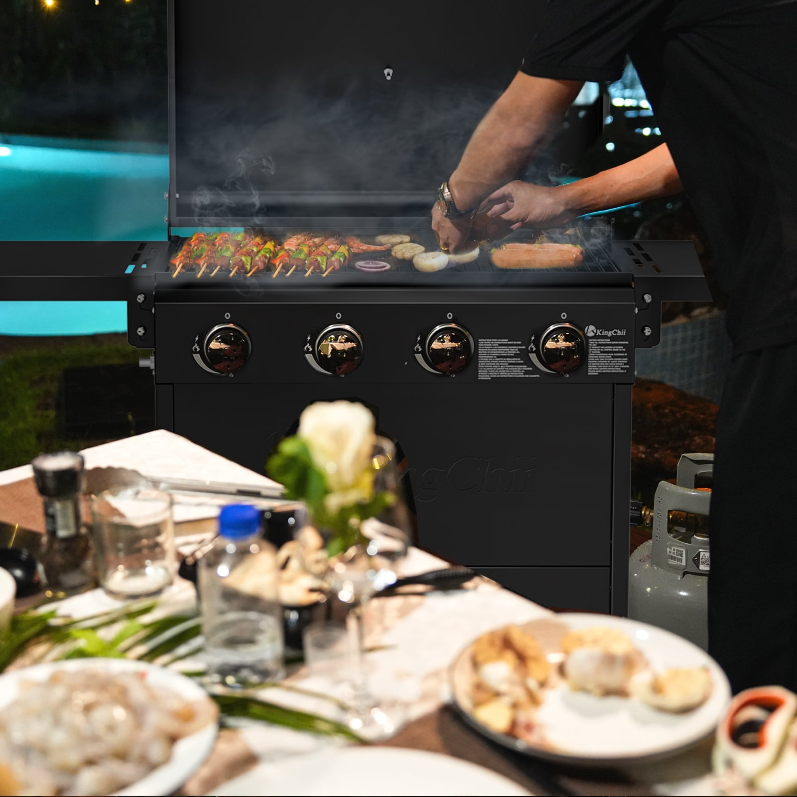 4-Burner Propane Grill Smoker, Kingchii 38,000 BTUs Gas Grill with Foldable Side Tables, Built-in Thermometer for Outdoor Grilling, BBQs and Camping