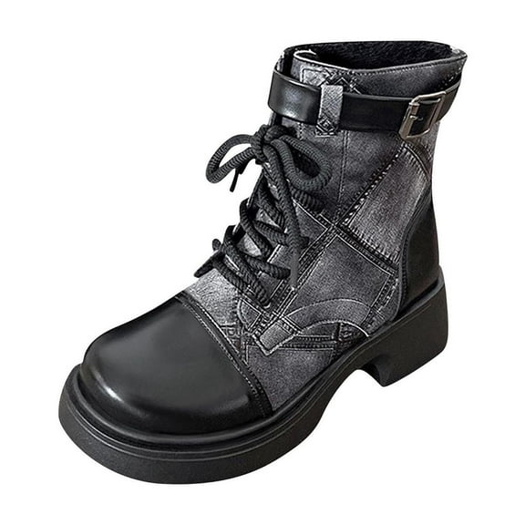 Xfvqtps Womens Ankle Boots Chunky Heel Lace up Booties with Denim Design Side Buckle Round Toe Low Heel Fashion Casual Shoes for Fall Winter Black