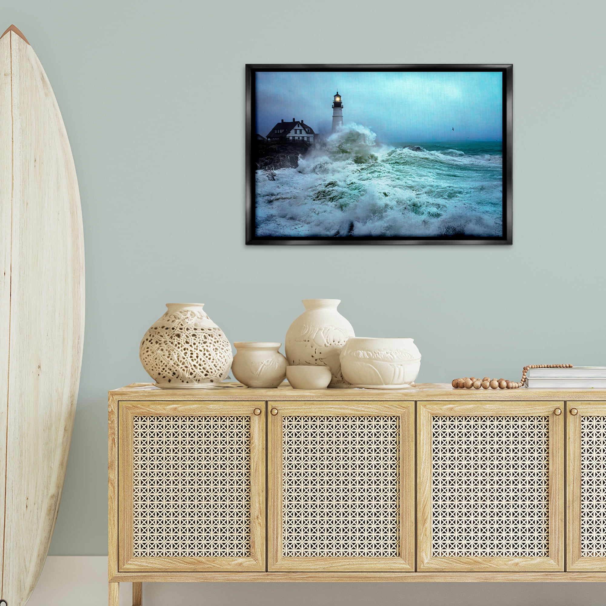 Stupell Industries Tall Splashing Waves Lighthouse Nautical & Beach Photography Black Floater Framed Canvas Art Print Wall Art, 31 x 21
