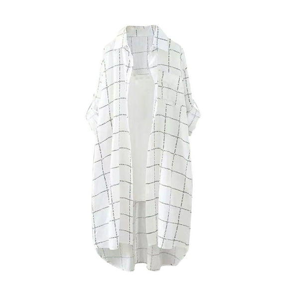 Kaemgyyd Womens Shirts Oversized Plaid Roll up Long Sleeve Mid-Long Button down Pocketed Blouse Tops Fall