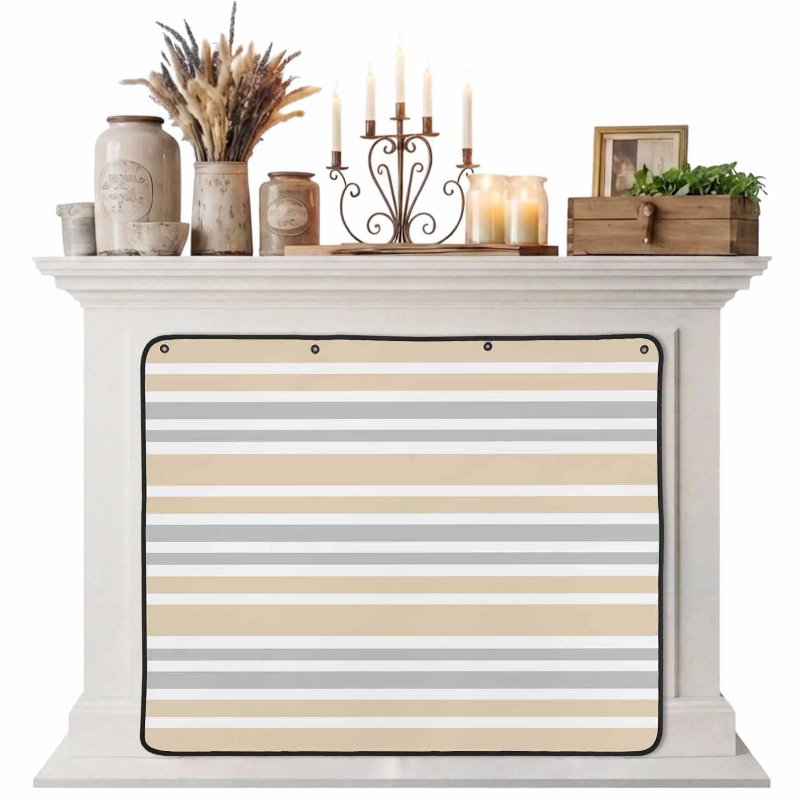 Magnetic Fireplace Cover Khaki Gray Stripes Fireplace Screen Contrast Striped Insulation Fireplace Blocker Blanket Save Energy Fireplace Draft Stopper Covers for Living Room 45x34