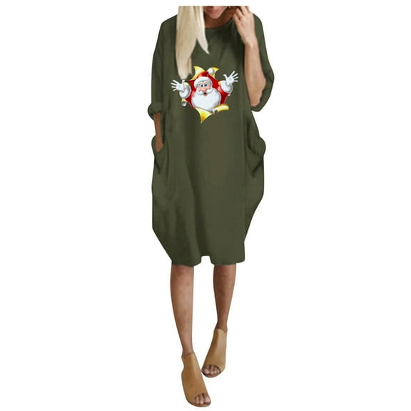Odeerbi Christmas Dresses for Women 2025 Fashion Winter Plus Size Loose O-Neck Pocket Christmas Printed Dress