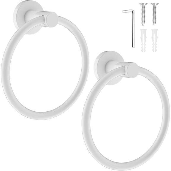SUMMIT-Towel Holder for Bathroom Wall Screw-in White Towel Ring Stainless Steel Heavy Duty Hand Towel Hanger for Bathrooms, Kitchen, 2 Packs
