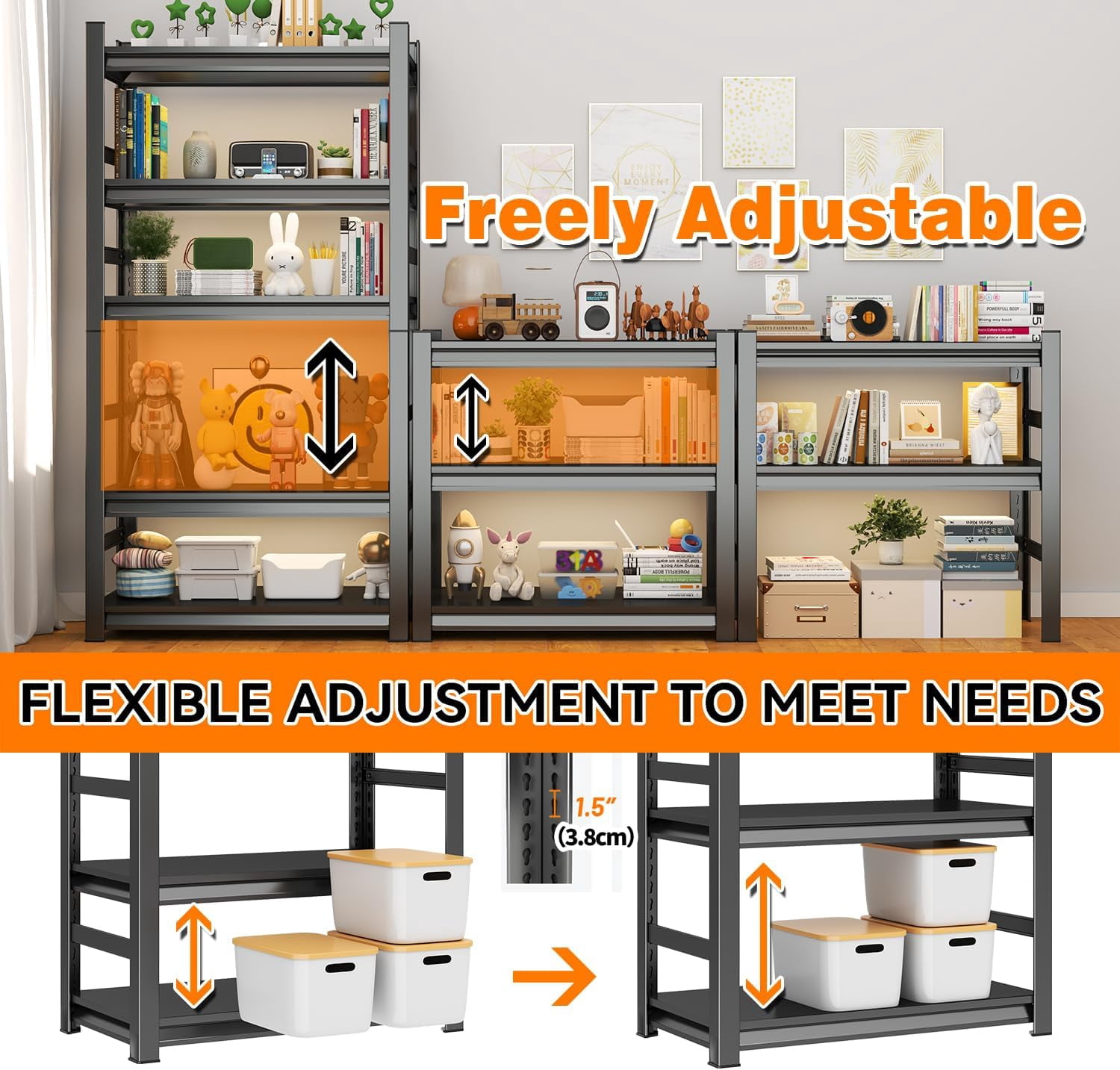5 Tiers Book Shelves, Office Shelf Organizer, Heavy Duty Book Shelving, Adjustable Bookshelf, Freestanding Book Shelves, Book Shelves for Living Room, Black Bookshelves (47.2"W*23.6"D*72"H)