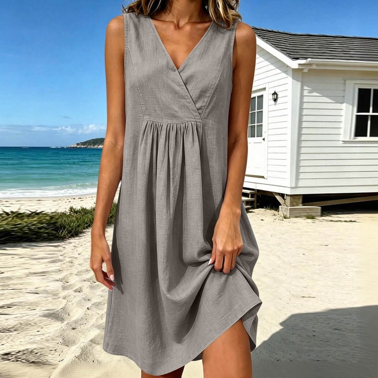 casual dress for lunch Ruched Women Sleeveless Round Neck Dress for Weekend City Walks Travel Days Relaxed Gathering Everyday Vacation Style Summer sequin prom dresses 2023 COLOR:BROWN Buy Light Blue Dresses Lunch date dress ideas Fabrication 100% cotton denim