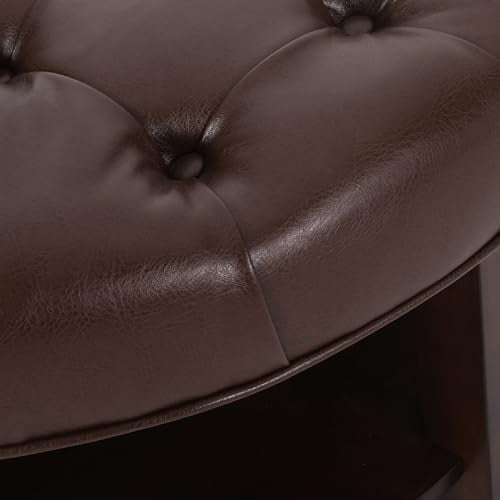 Dark  Round Ottoman Coffee Table, 32 inch Faux Leather Circle Side Table, Modern Button Tufted Ottoman with Wood Shelf Storage, Upholstered Footrest for Living Room, Bedroom,