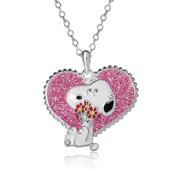 Peanuts Snoopy Necklace for Women Official License, 16 2 Silver Flash-Plated Heart Necklace with Pink Glitter and Crystal