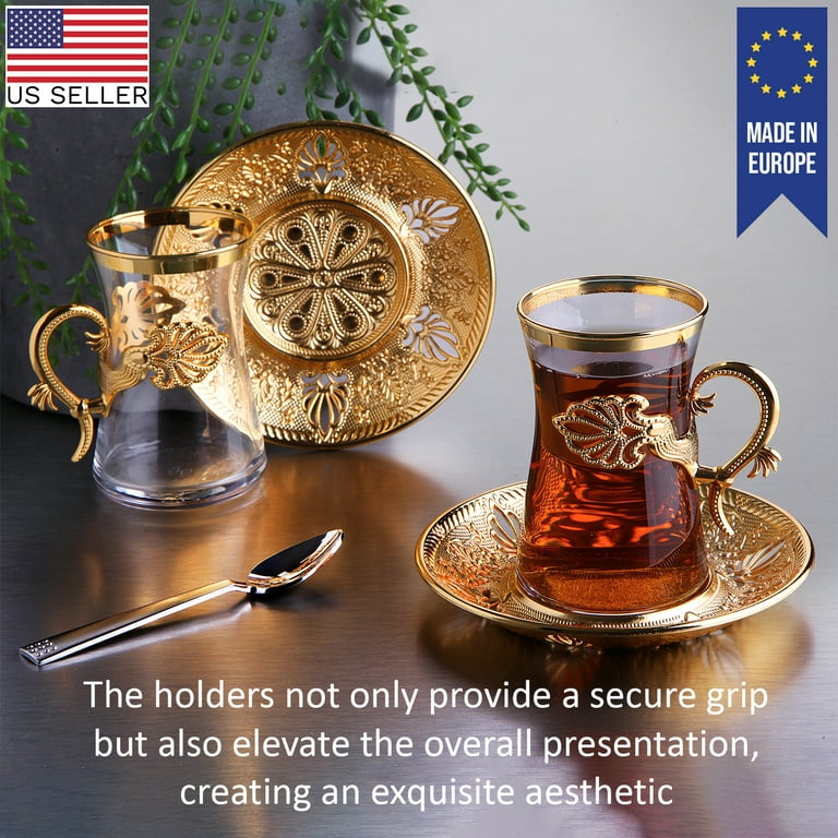 Crystalia Small Turkish Tea Set, Clear Glass Cups with Handle, 6 Cups&6  Saucers, 3.2 oz
