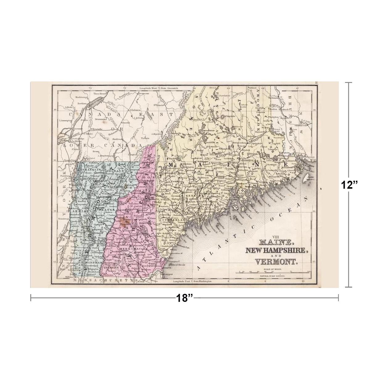 Maine New Hampshire and Vermont 1867 Antique Style Map Travel World Map  with Cities in Detail Map Posters for Wall Map Art Wall Decor Geographical  Illustration Cool Wall Decor Art Print Poster