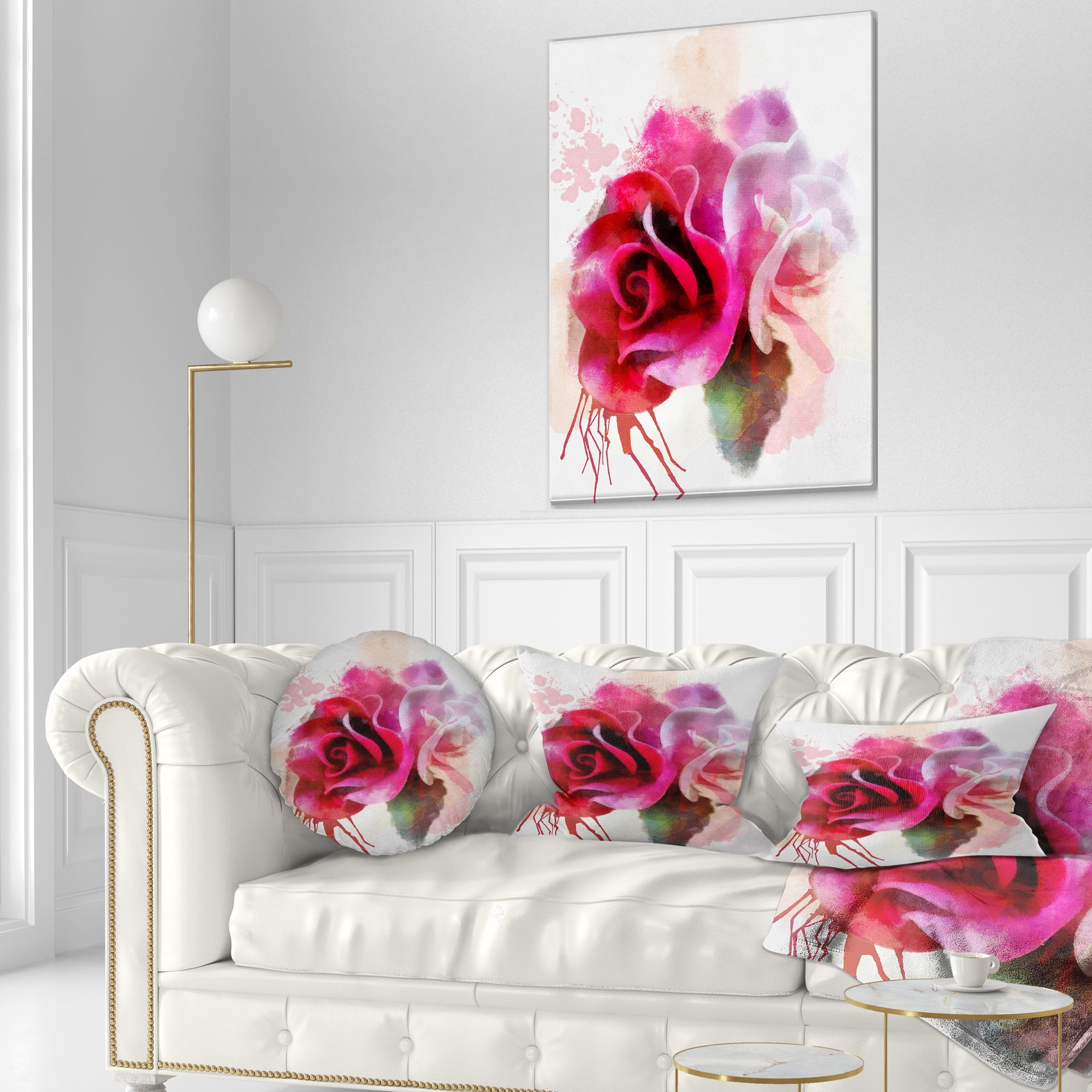 Designart White Red Roses with Color Splashes - Floral Throw Pillow - 12x20