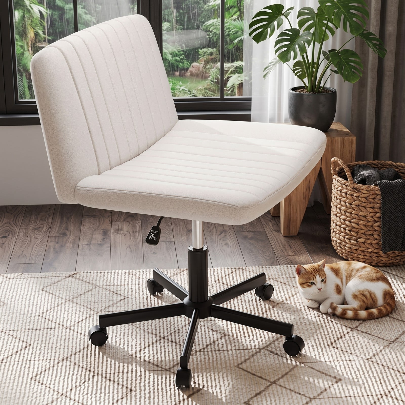 Furnibear Criss Cross Desk Chair with Wheels, Cross-Legged Swivel Home Office Task Chair, Height Adjustable Armless Rolling Computer Chair with Padded Wide, Beige