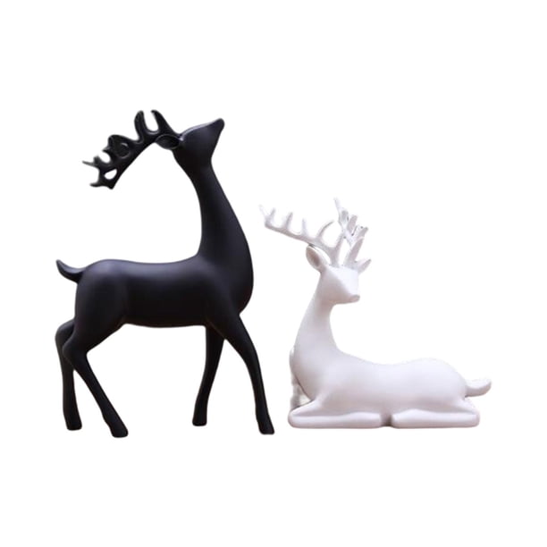 2 estatuas de ciervos de pareja creativa, adorno de estatuilla de reno de resina, de arte, escultura de alce, artesanía para oficina, mesa, Blanco negro Macarena Estatua de escultura de ciervo