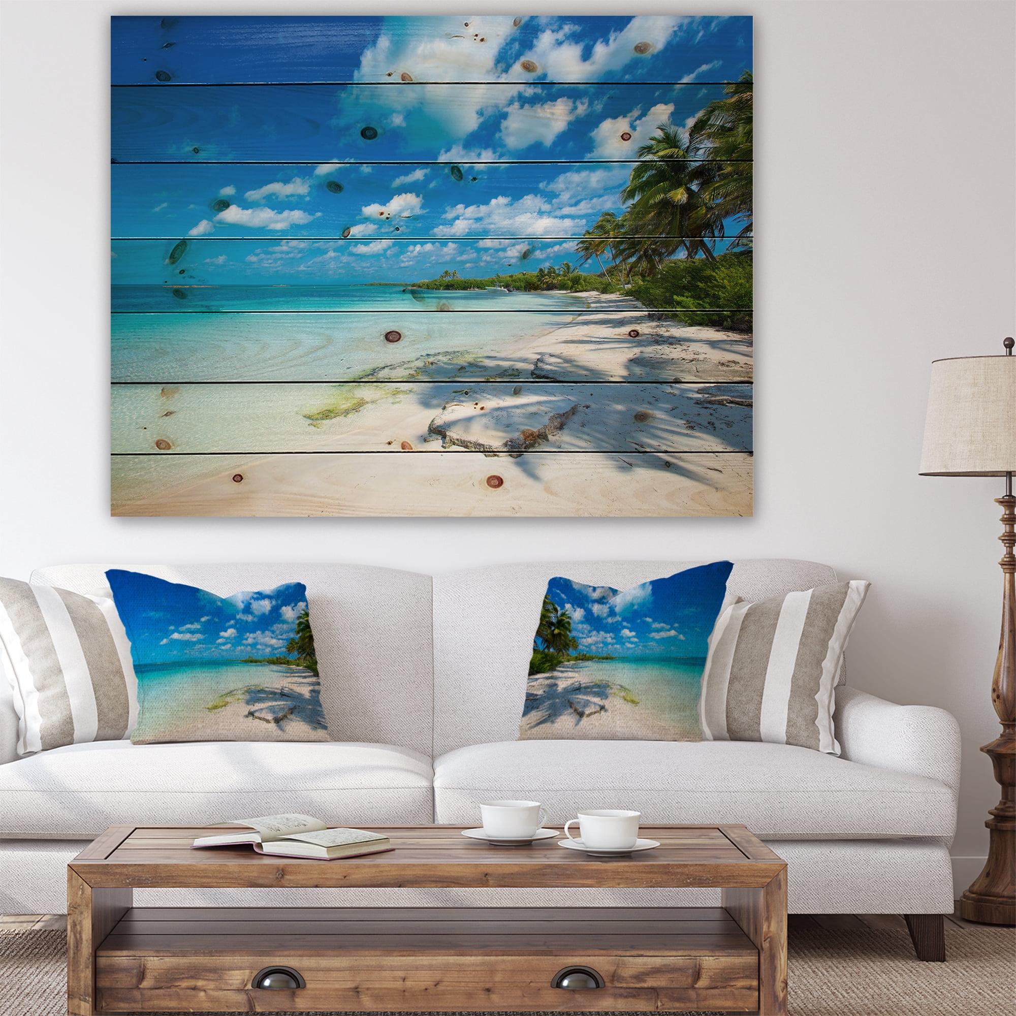Designart 'Tropical Beach with Palm Shadows' Seashore Print on Natural Pine Wood