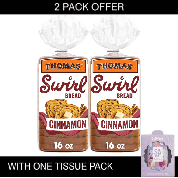 Thomas' Cinnamon Swirl Bread, 16 oz Loaf, 2-Pack, Pre-Sliced Cinnamon Bread, Perfect for Toast & French Toast, Includes 1 Tissue Pack