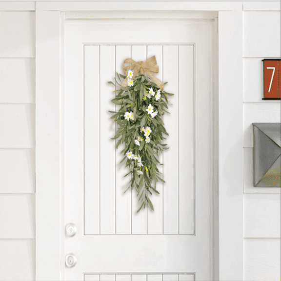 Goowood Spring Wreaths for Front Door Olive Wreath Teardrop Swag Lifelike Olive Branch Wreath for Spring Porch Decor and Wall Hanging