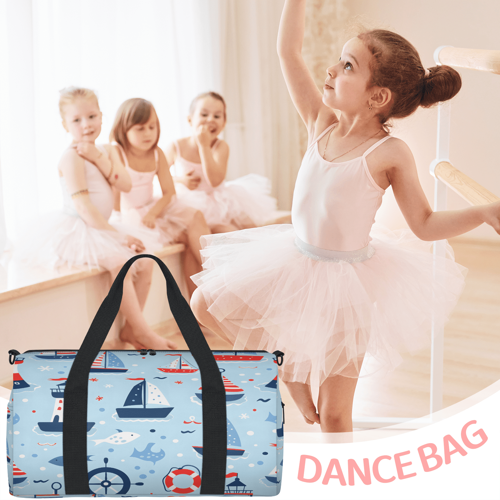 Herdesigns Nautical Sailboat Gym Bag for Women, Duffle Bag for Travel Sport, Ocean Fish Lightweight Waterproof Carry on Weekender Dance Yoga Workout Bags
