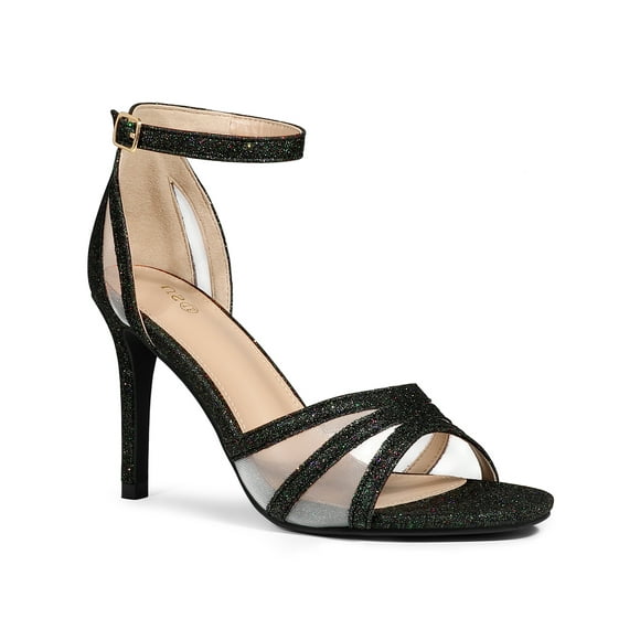 BLISSFUL STEP Women's Shoes Glitter Ankle Strap Buckle Open Toe Stiletto Heels Sandals Black 9.5
