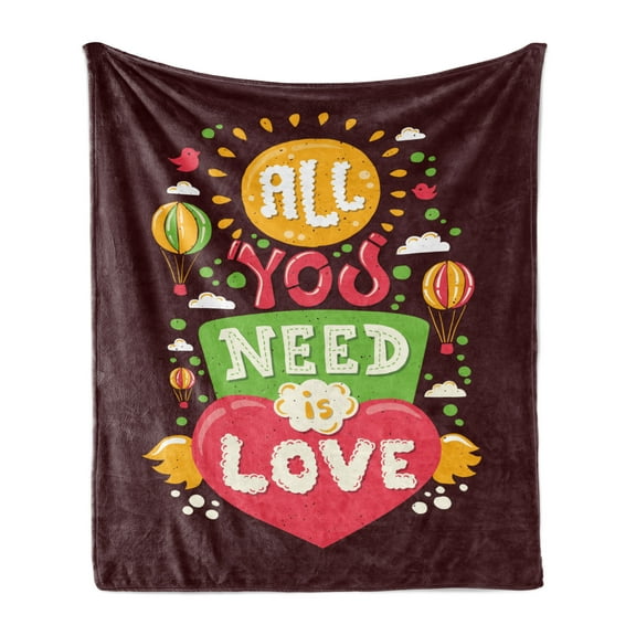All You Need Is Love Soft Flannel Fleece Throw Blanket, Modern Flat Design Hipster Illustration Clouds and Hot Air Balloons, Cozy Plush for Indoor and Outdoor Use, 50" x 70", Multicolor, by Ambesonne