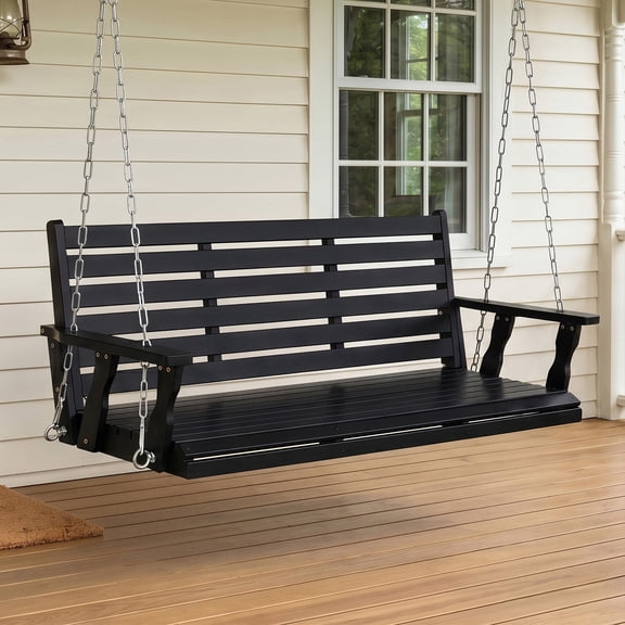 Fortune Candy 3-Seater Wooden Porch Swing with Hanging Chains, Heavy Duty 880 lbs, Black