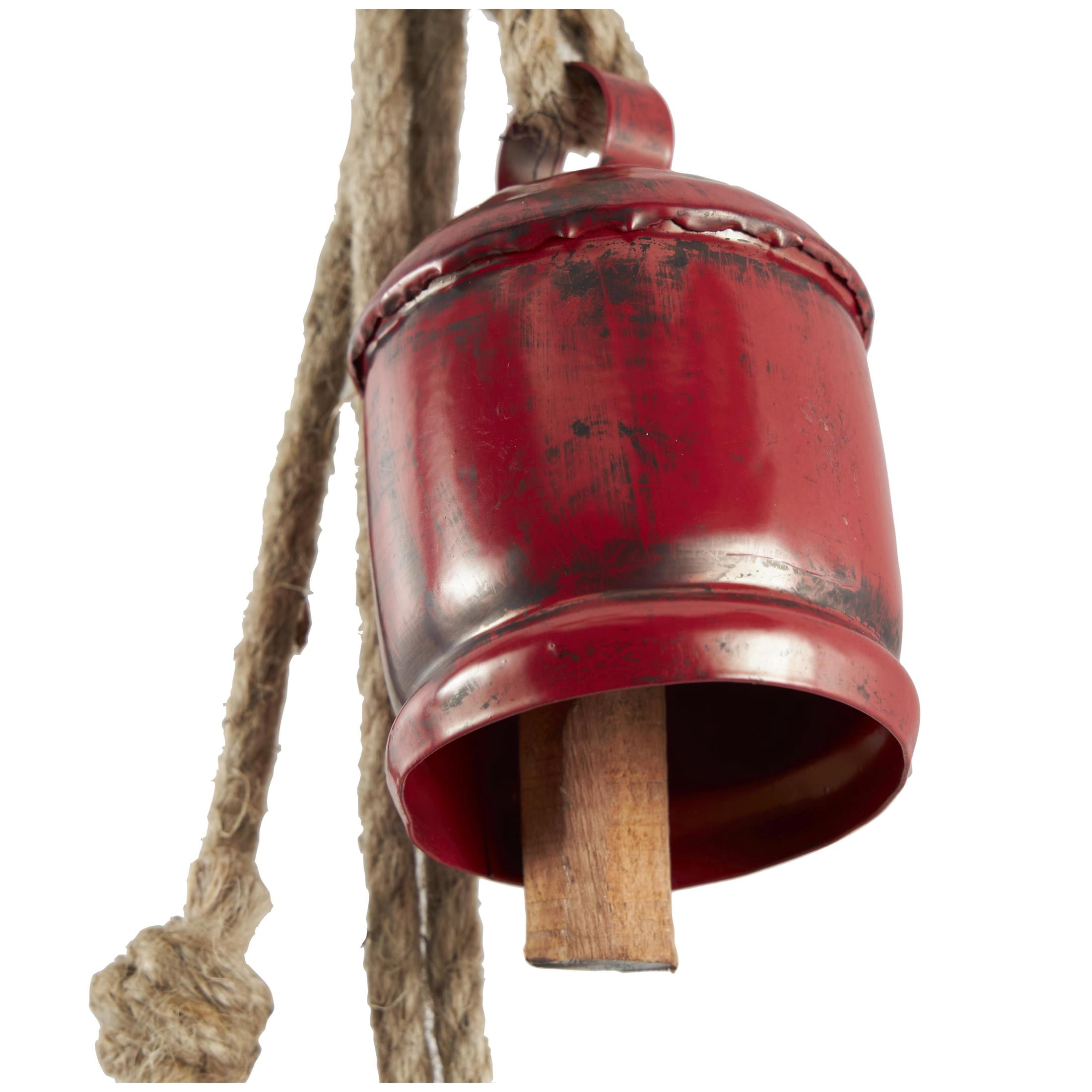 DecMode Tibetan Inspired Cascading Red Metal Cylindrical Decorative Cow Bells with 4 Bells on Jute Hanging Rope