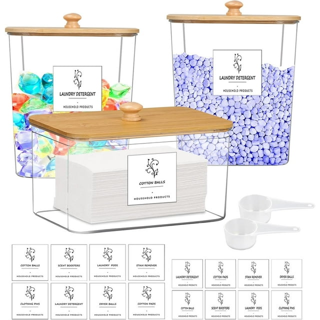 3 Pack Laundry Pods Container, Clear Laundry Detergent Powder Storage Containers, Laundry Room Organization and Storage with Laundry Labels and Scoop, for Detergent Pods, Powder, Scent Boosters, Beads