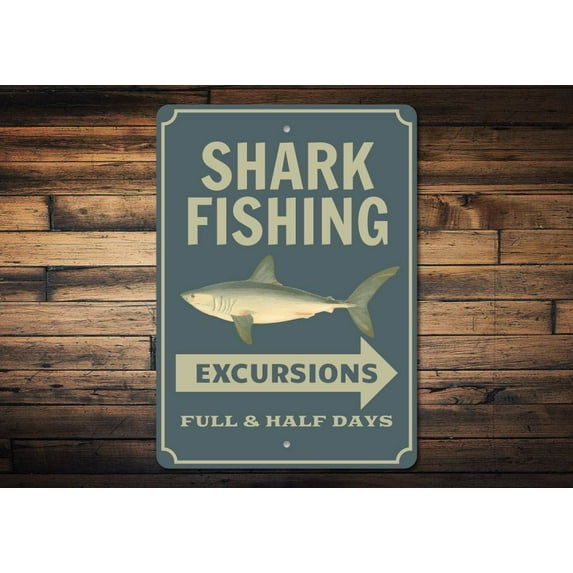 Shark Fishing Novelty Sign, Metal Wall Decor - 10x14 inches